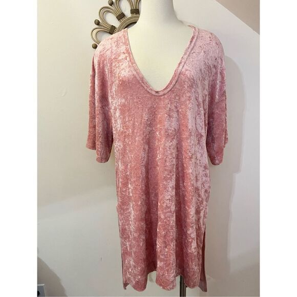 Free People Pink Crushed Velvet Split Hem Tunic Dress M - Picture 1 of 6
